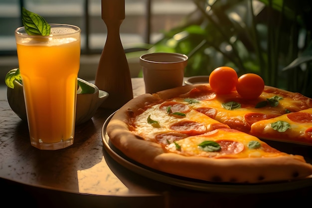 Foto jugo de naranja de pizza en la mesa flores en el fondo