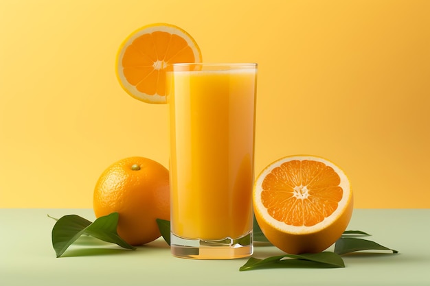 Jugo de naranja y rebanadas de naranja sobre fondo naranja