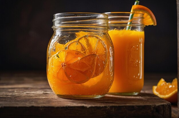 Jugo de naranja recién exprimido en un frasco