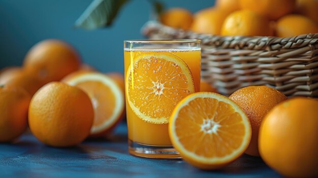 Jugo de naranja recién exprimido junto a una canasta de naranjas que representa la nutrición natural fondo de color sólido 4k ultra hd