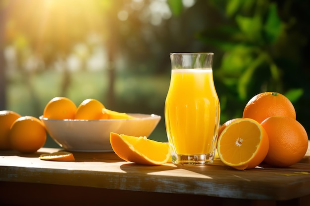 Jugo de naranja recién exprimido a la luz del sol de la mañana