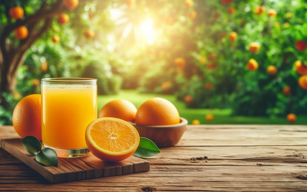 Jugo de naranja recién exprimido en una mesa de madera con fondo de jardín de naranjas