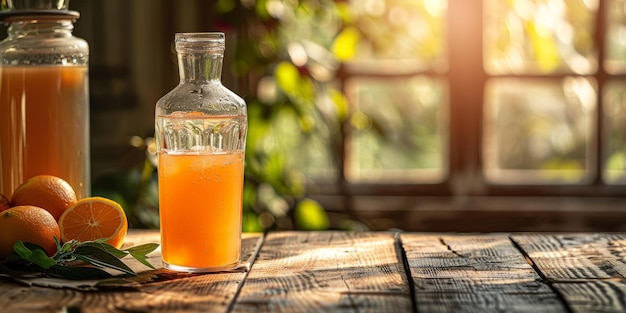 Foto jugo de naranja recién exprimido en una mesa de madera rústica