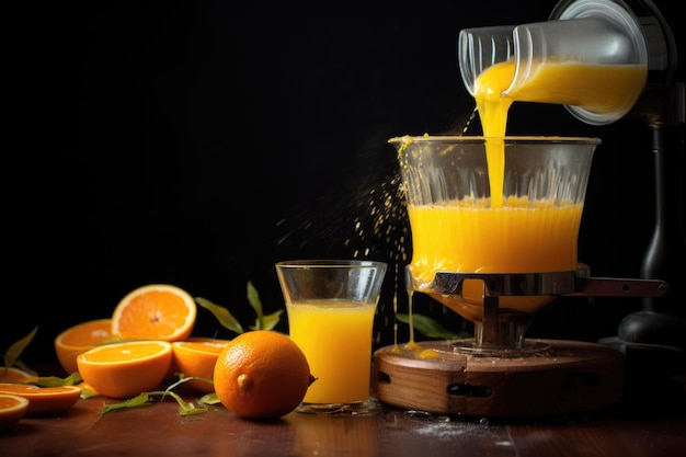 Jugo de naranja recién exprimido que se vierte de la exprimidora