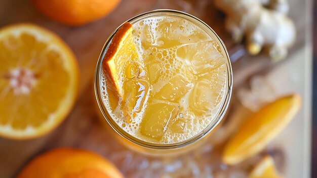 Jugo de naranja refrescante con jengibre en un vaso en una mesa de madera Vista superior