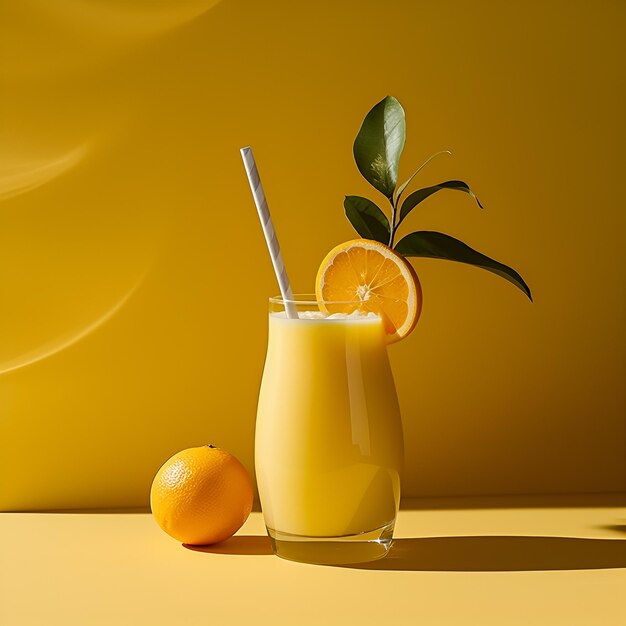 Jugo de naranja sobre fondo amarillo