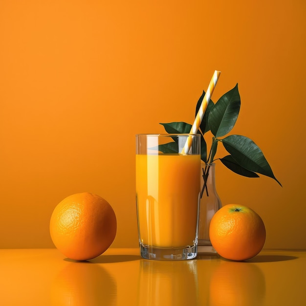 Jugo de naranja con toques de fruta naranja en el restaurante de fondo de estudio con jardín