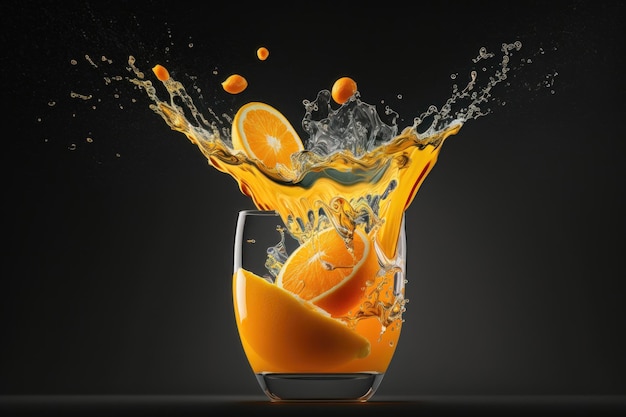 Jugo de naranja en un vaso Comida de levitación creativa fondo negro Generación de IA