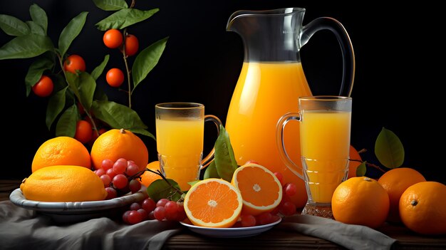 Foto jugo de naranja en un vaso y frutas frescas en una mesa de madera