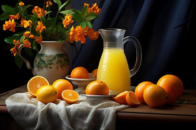 Foto jugo de naranja en un vaso y frutas frescas en una mesa de madera