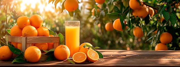 Jugo de naranja en un vaso en el jardín enfoque selectivo