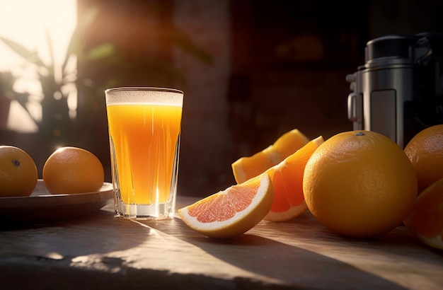 Jugo naranja vaso líquido Mañana brillante Generar Ai