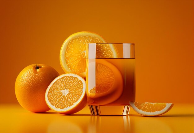 Jugo de naranja en un vaso sobre fondo naranja 3d ilustración generativa ai