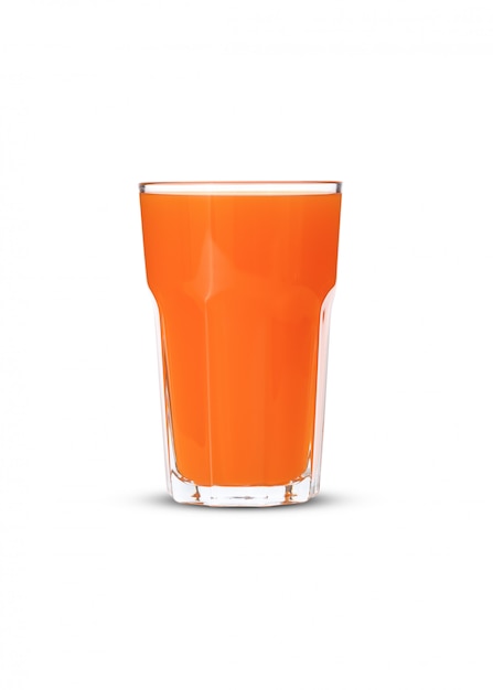 Foto jugo de naranja en vidrio sobre fondo blanco.