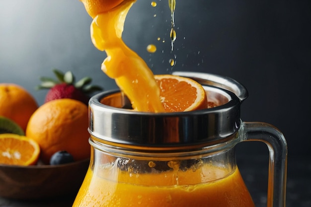 El jugo de naranja se vierte en una licuadora con oth