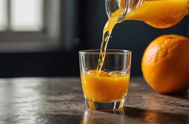 Foto el jugo de naranja se vierte en un vaso de lujo de un ca