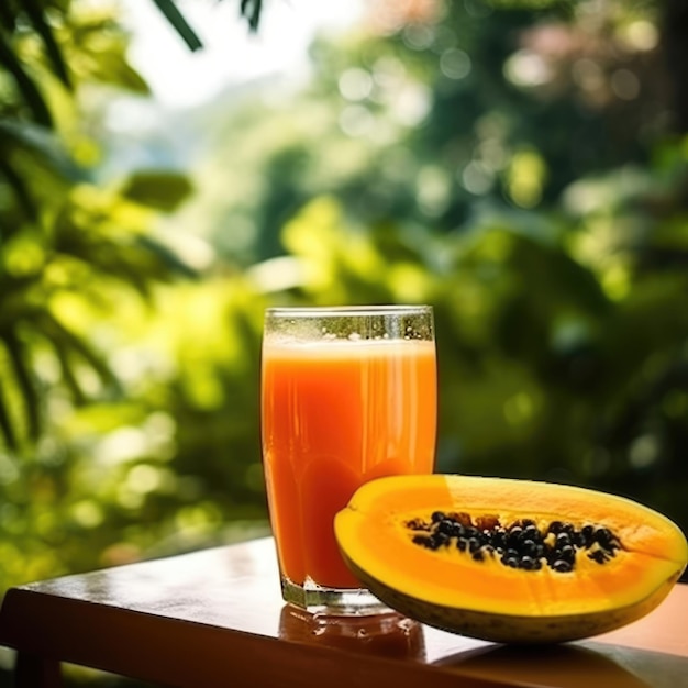 Jugo de papaya con fondo de jardín