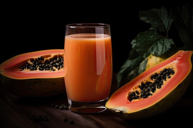 Jugo de papaya fresco en vaso con fruta de papaya sobre mesa de madera y fondo negro Ai generativo