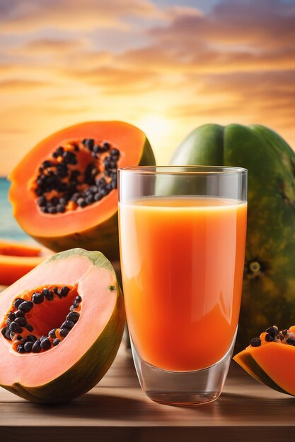 Foto jugo de papaya recién exprimido en un vaso de bebida saludable