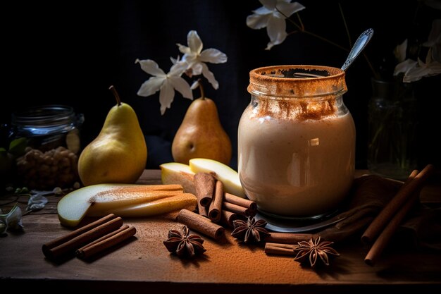 Jugo de pera con sabor a canela en un frasco de vidrio