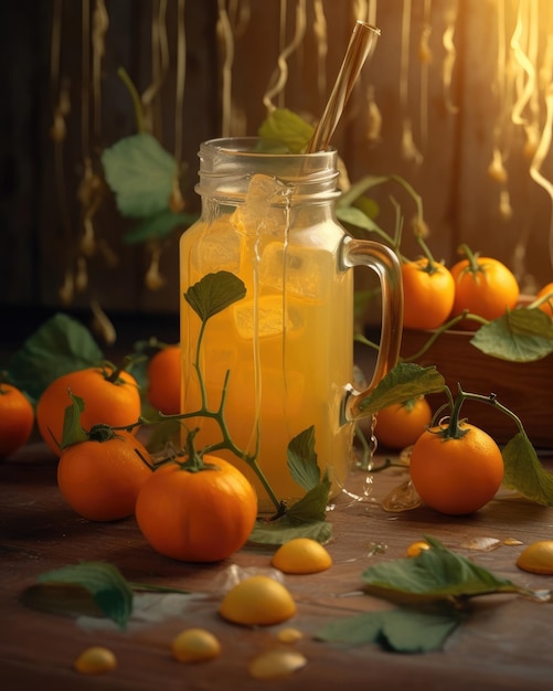 Jugo de Physalis con toques de fruta de cereza molida en un restaurante de fondo de estudio con jardín