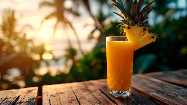 Foto jugo de piña en la playa.