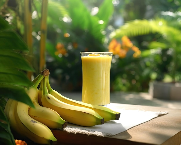 Foto jugo de plátano con fondo de jardín