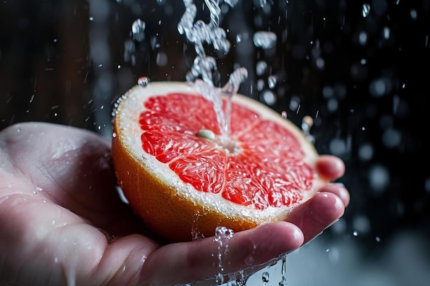 El jugo de pomelo salpica de la mitad de la fruta que tiene en la mano