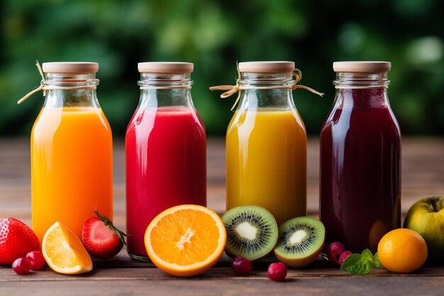 Foto jugo prensado en frío con frutas de colores