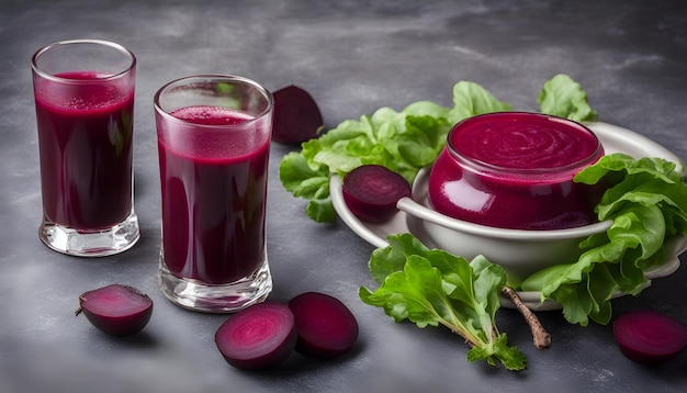 Jugo de remolacha fresco y saludable sobre el fondo de piedra