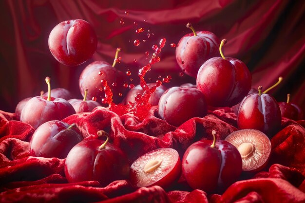 Jugo salpicado con ciruelas frescas en un fondo de tela roja exuberante Concepto artístico de naturaleza muerta