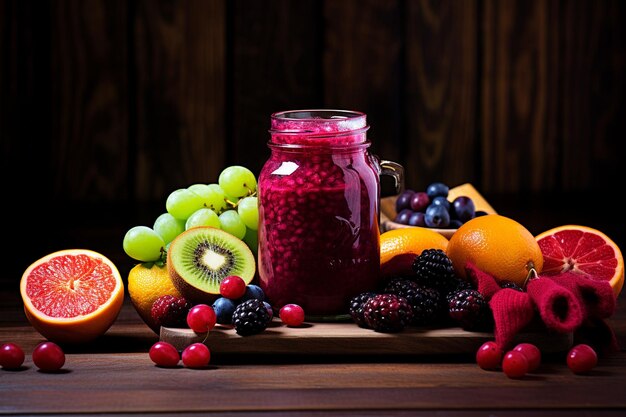 Jugo saludable de frutas y verduras frescas con frutas en una mesa de madera vacía sobre un fondo claro