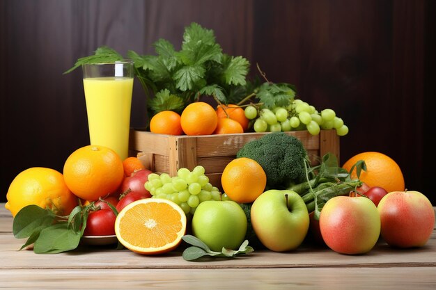 Jugo saludable de frutas y verduras frescas con frutas en una mesa de madera vacía sobre un fondo claro