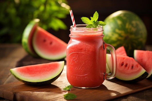 Jugo de sandía en frasco de Mason con paja rayada Fotografía de imágenes de jugo de sandia