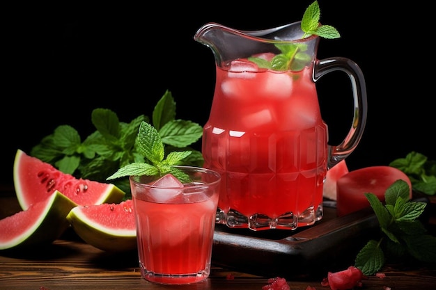 Jugo de sandía en una jarra con cubos de hielo Jugo de mandioca fotografía de imágenes