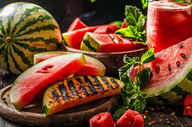 Foto jugo de sandía con un lado de rebanadas picantes de sandía a la parrilla