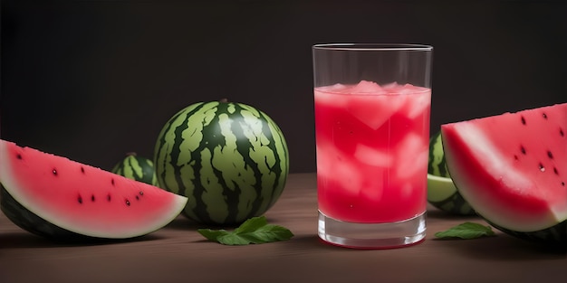 Jugo de sandía llenado en un vaso en una mesa de madera luces bokeh fondo negro