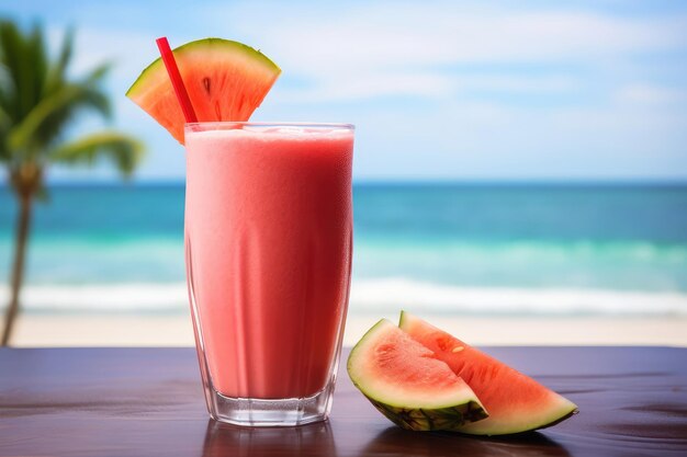 Jugo de sandía mezclado en una mesa de madera con fondo marino de verano