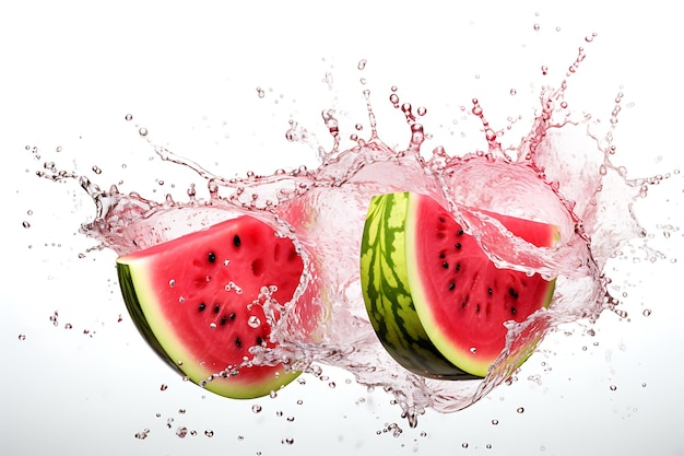 Jugo de sandía con salpicaduras de fruta de sandía en una toma de estudio de fondo blanco aislado