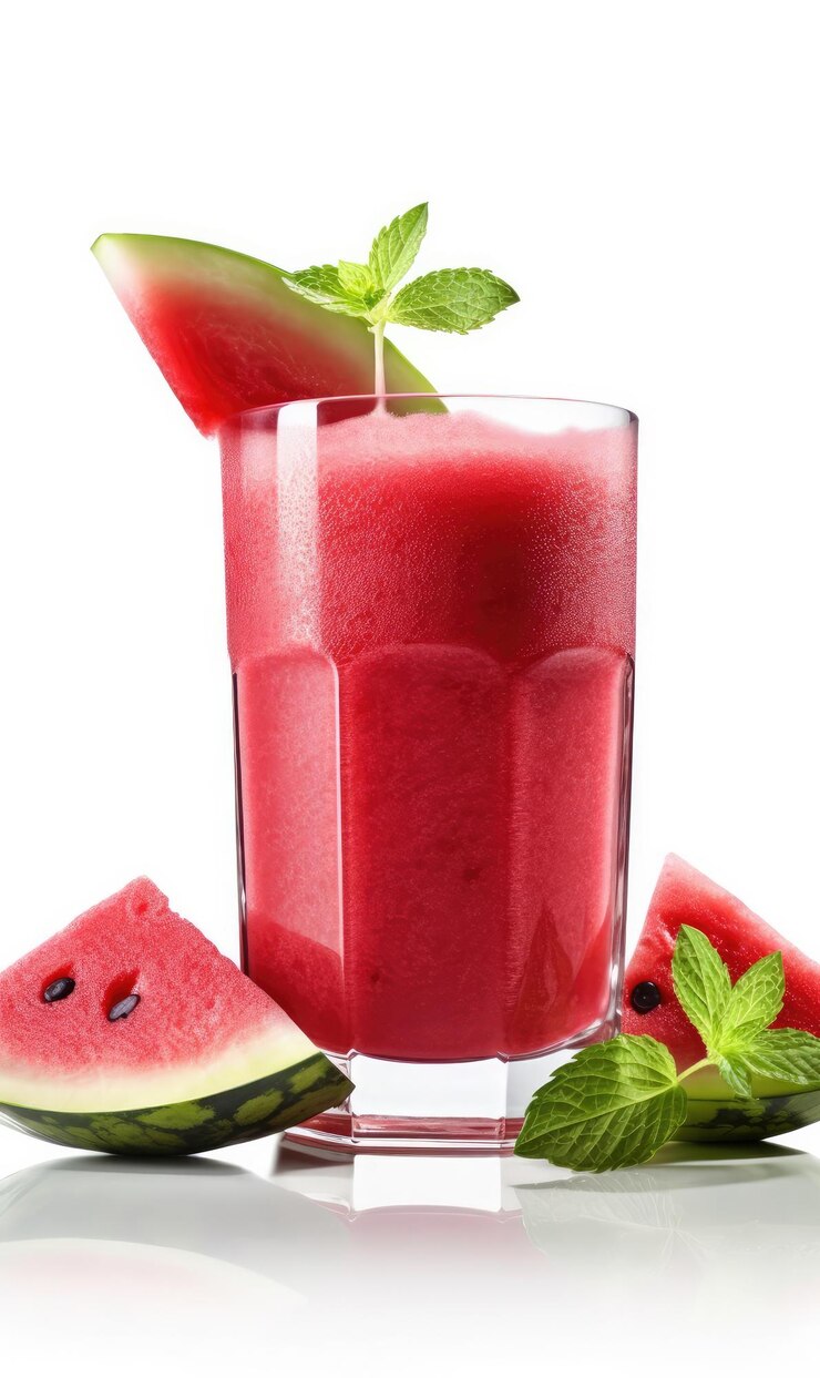 Jugo de sandía con toques de fruta de sandía en una foto de estudio aislada de fondo blanco