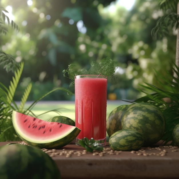 Jugo de sandía con toques de fruta de sandía en el restaurante de fondo de estudio con jardín