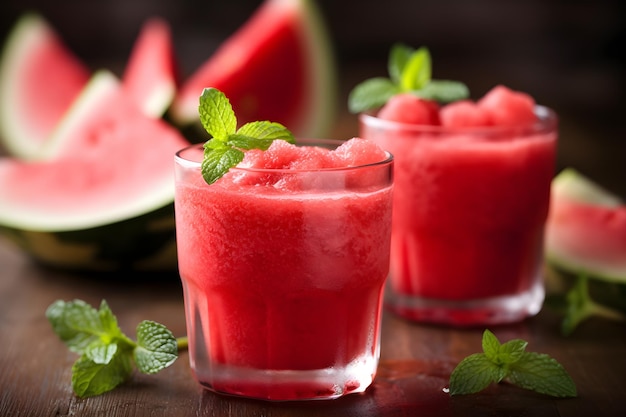 Jugo de sandía en un vaso con hojas de menta sobre una mesa de madera