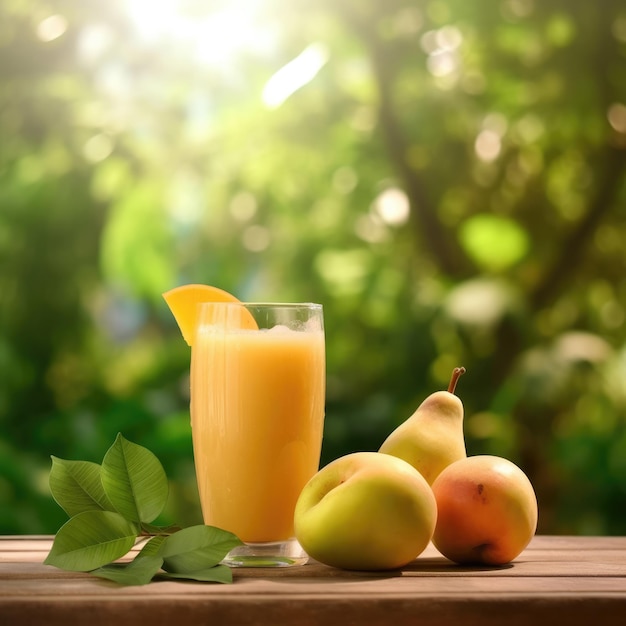 Jugo de sapota con toques de fruta de sapota en un restaurante de fondo de estudio con jardín