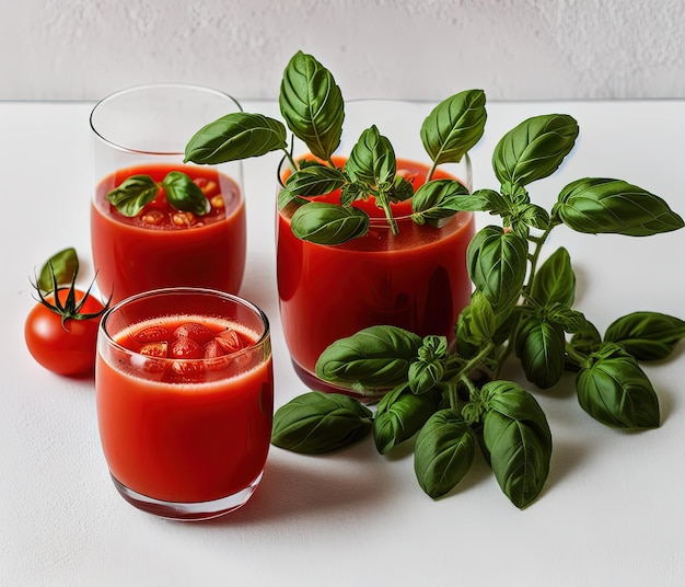 jugo de tomate con albahaca fresca y menta sobre un fondo negro