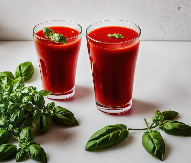 jugo de tomate con albahaca fresca y menta sobre un fondo negro