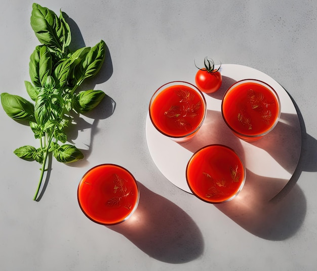 jugo de tomate con albahaca fresca y menta sobre un fondo negro