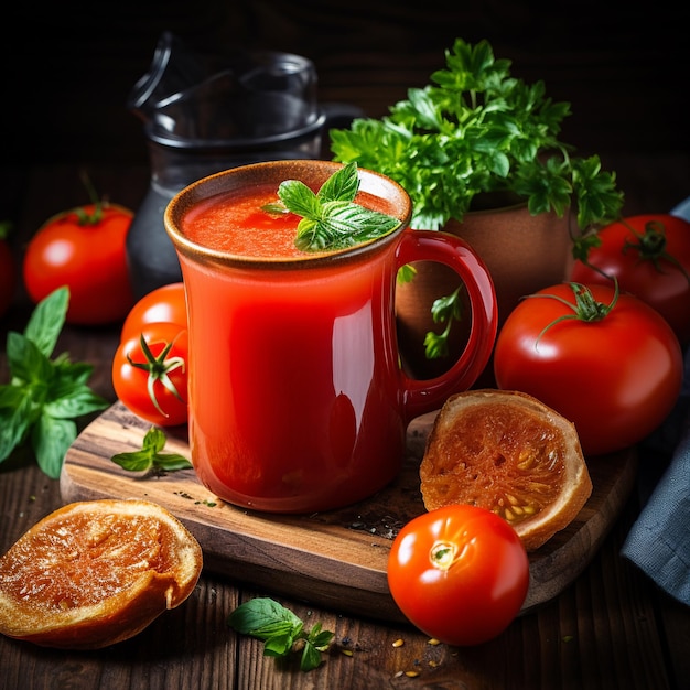 Jugo de tomate casero en tostadas de taza de color y tomates frescos sobre fondo de madera