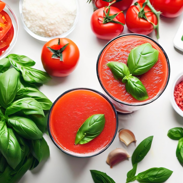 Jugo de tomate fresco mezclado con hojas de albahaca en vasos e ingredientes para su preparación sobre una mesa blanca