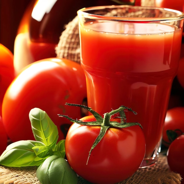 Jugo de tomate y tomate fresco con albahaca