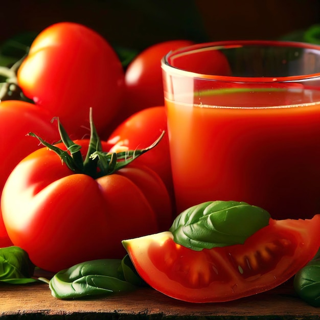 Jugo de tomate y tomate fresco con albahaca